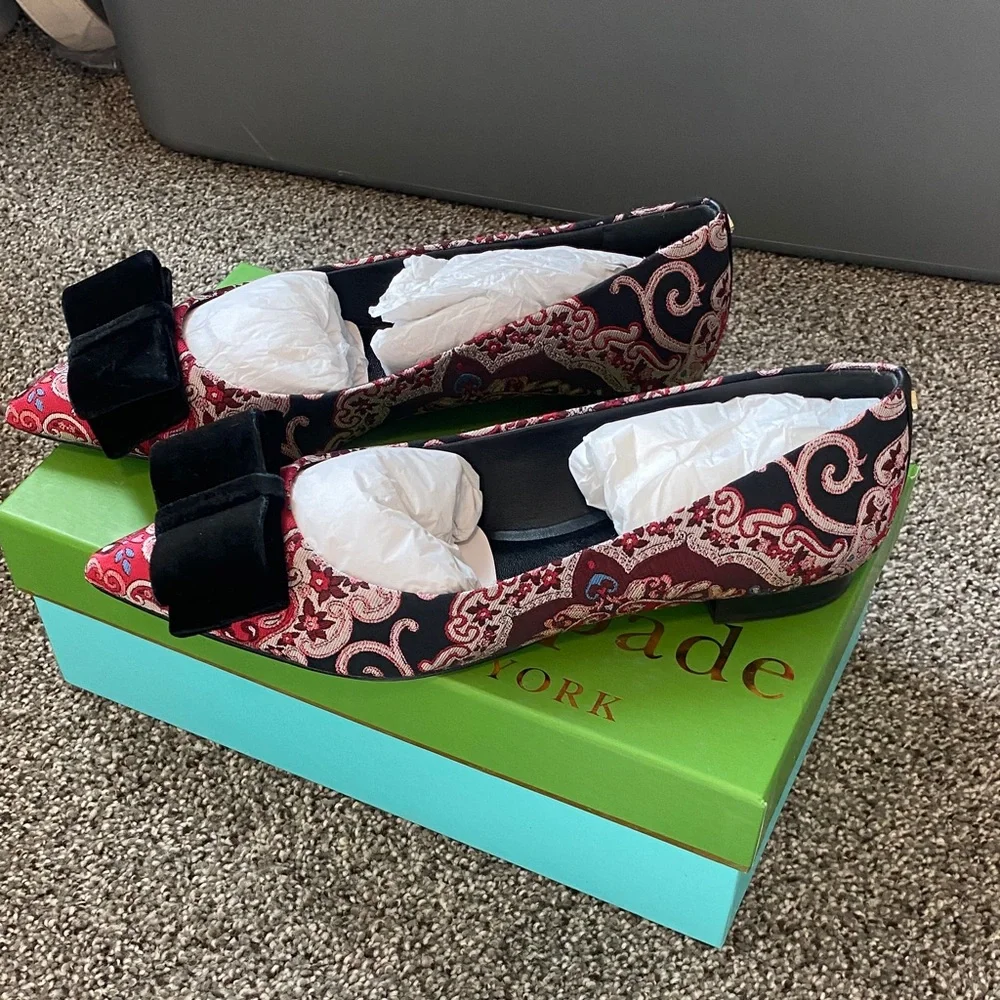 Kate Spade Red Paisley Flats with Black Velvet Bow